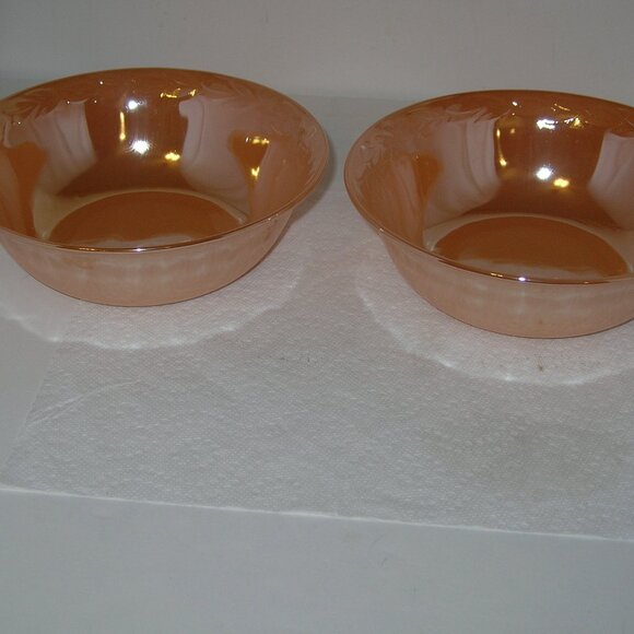 2 Vintage Fire King Peach Luster LAUREL LEAF BOWLS Oven Ware 8.25"x2.75" H USA A - Picture 2 of 7